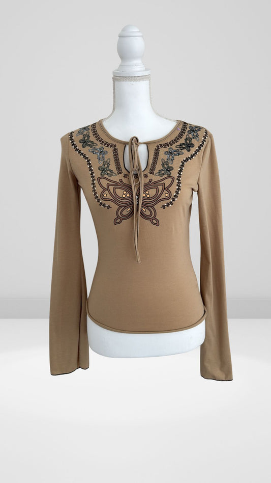 Vintage Y2K Tan Butterfly Printed Long Sleeve